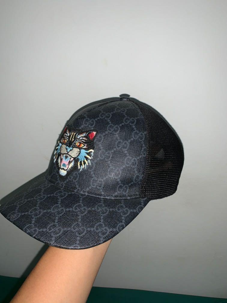 Gucci Gg Supreme Baseball Hat With Angry Cat In Dark-grey