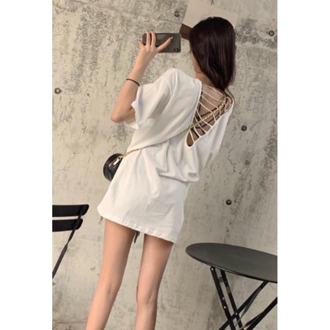 T2 226 Multi Straps Back Oversized Tee Black White Green Pink