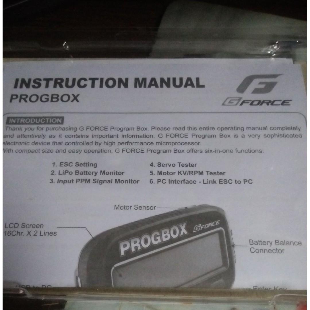 Battery multi function smart program box (Category: Other Security Devices) located in Valenzuela. Submitted by eriq.eriq (Listing ID 247523173, Image 3). Description: Features 1. ESC Setting 2. LiPo battery Monitor 3. Input PPM Signal Monitor 4. Servo Tester 5. Monitor KV/RPM Tester 6. PC Interface - Link ESC to PC G Force ESC Option PROGBOX G0017 by GForce ● Input voltage: 6 - 10 V DC ● Current value: 500 mA / ● Standby current: <20 mA ● Operab