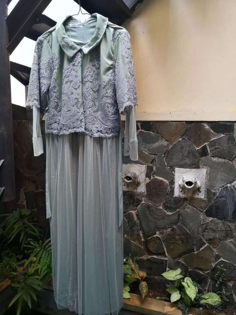 Gamis Brokat Hijau Mint Fesyen Wanita Pakaian Wanita Gaun Rok Di Carousell