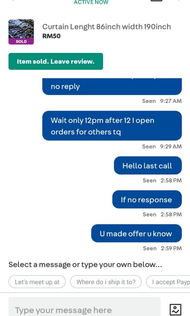 Joy (Category: Tables & Sets) located in Petaling Jaya. Submitted by kidsclearnceitem (Listing ID 247261721, Image 3). Description: After made offer no response I msg her 4 5 time rply me bcoz I accept her offer And I already mentioned I Perfer Fast payment fast response if no response I sell to who interested to buying fast Joy buyers will be blocked 🙏🙏.