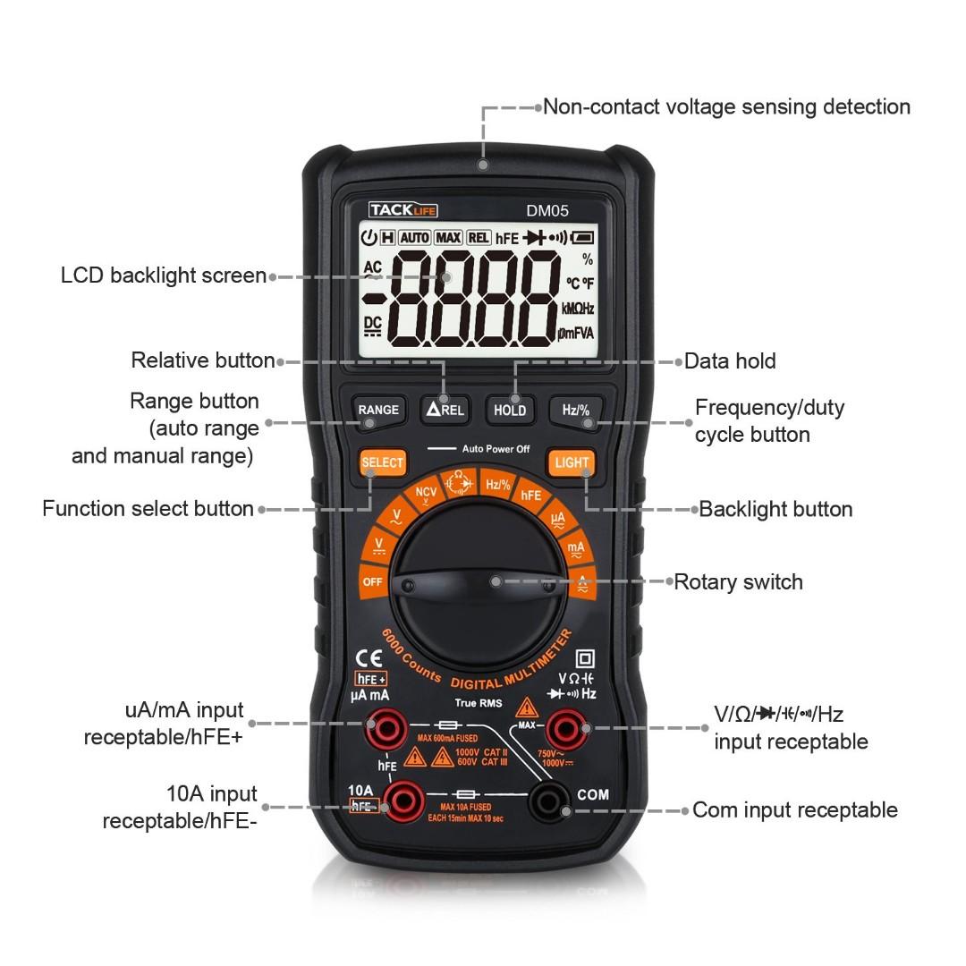 (K915) Multimeter, Tacklife DM05 electronic tester, TRMS 6000 Counts