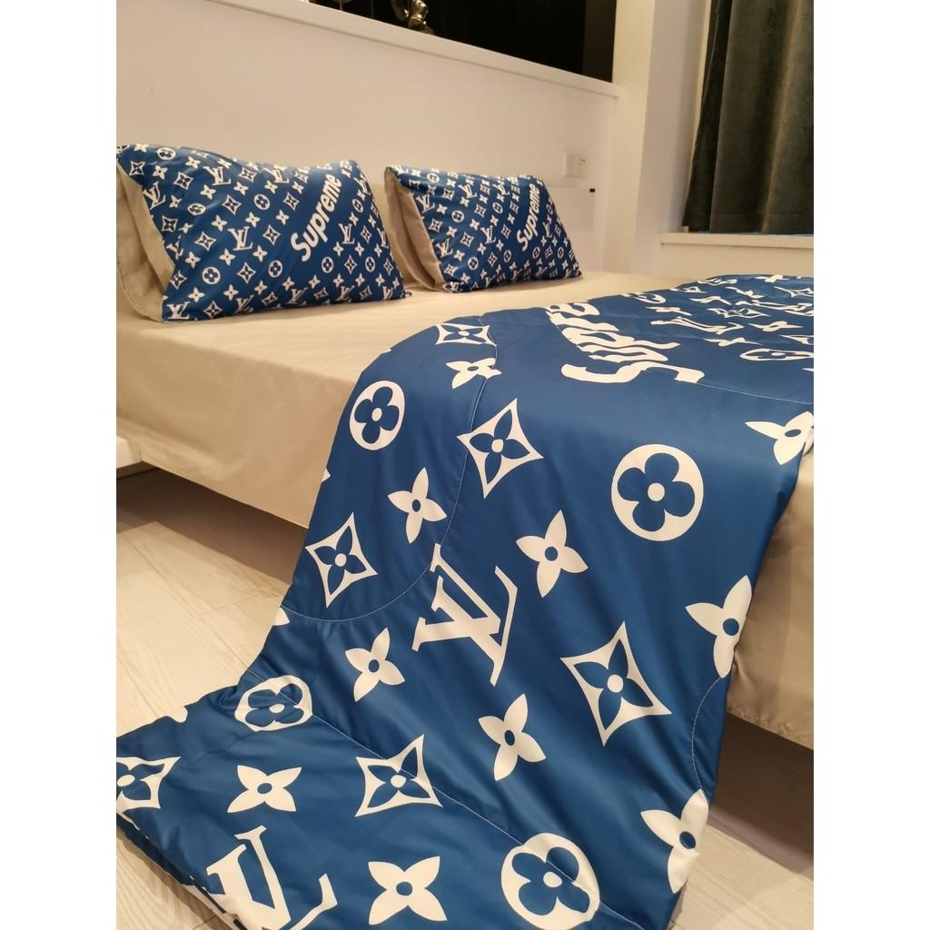 Louis Vuitton x Supreme In Blue Monogram Edition Background Comforter Bedding  Set - Mugteeco