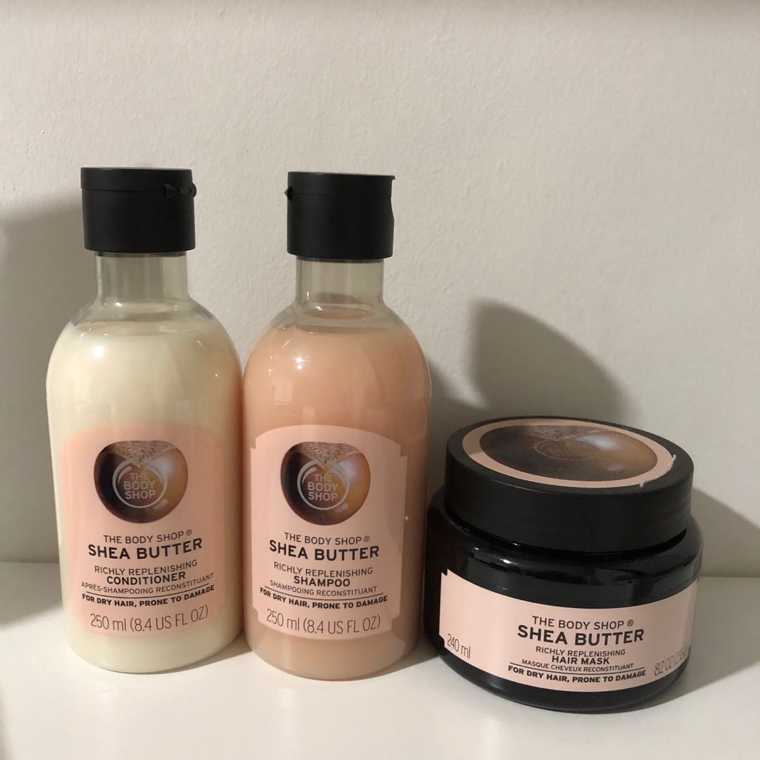 Body Shop Shea Butter Shampoo Conditioner Hair Mask Set, Beauty & Personal  Care, Hair on Carousell