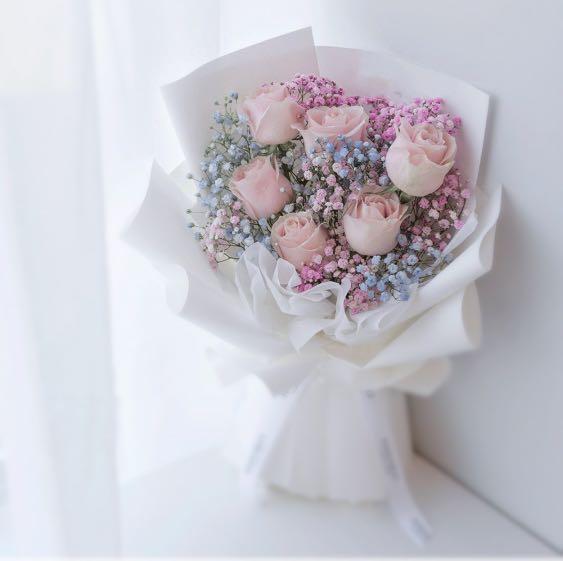 Rainbow Baby S Breath With Pink Roses Baby Breath Bouquet Rose Flower Bouquet Baby S Breath Bouquet Birthday Gift Anniversary Gift Hobbies Toys Stationery Craft Flowers Bouquets On Carousell