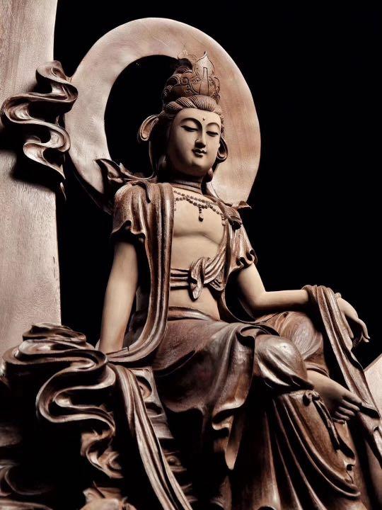 古沉红椿木一木雕刻不上色《水月观音》开脸有神极致精美Buddha Statue