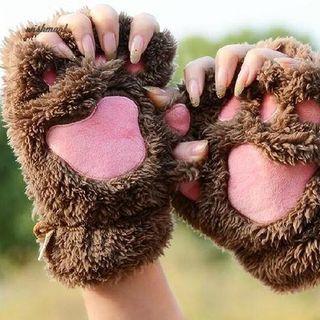 Cat Bear Paw Fingerless Mittens Gloves