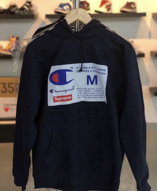 Supreme champion hotsell label hooded sweatshirt