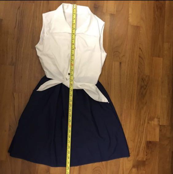 white top blue skirt dress