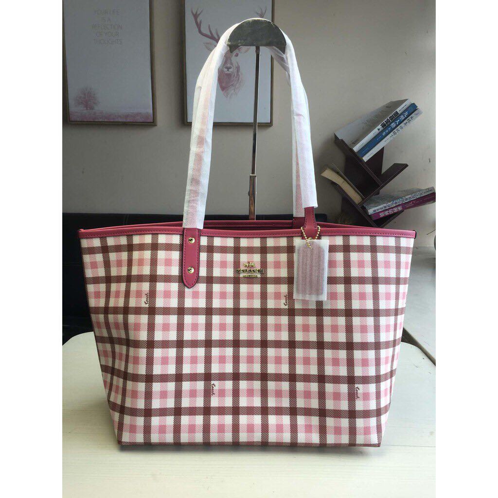 Authentic coach reversible city tote with gingham print