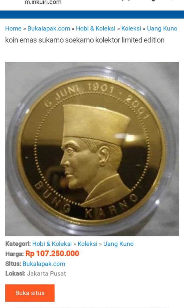 Koin Emas Soekarno 5000 Lira 1599/30.000, Antik, Pajangan di Carousell