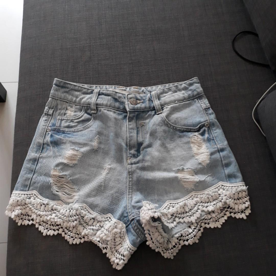 denim shorts with lace trim
