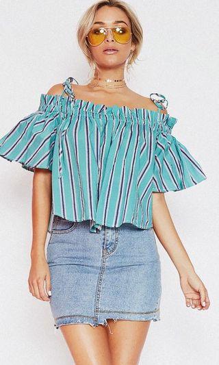 Popcherry Size S/M(8/10) Green Stripe Off Shoulder Top