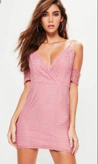 Missguided Size 12 Pink Lace Cold Shoulder Dress