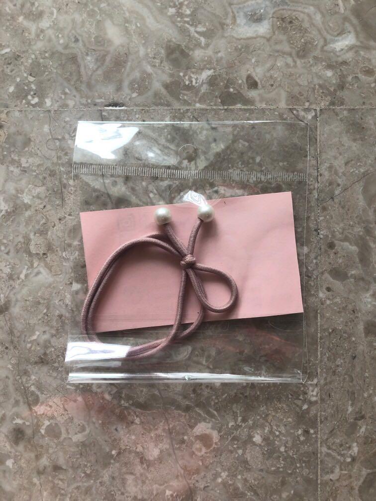 Beige Rubber Band Hair Tie With Two Round Pearl Beads Women S
