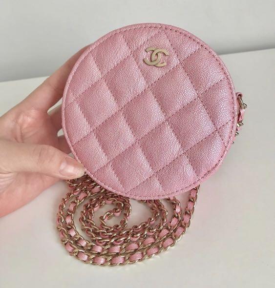 Chanel Pink Quilted Lambskin Leather CC Round Clutch with Chain Gold Hardware, 2020-2021 (Like New), Womens Handbag