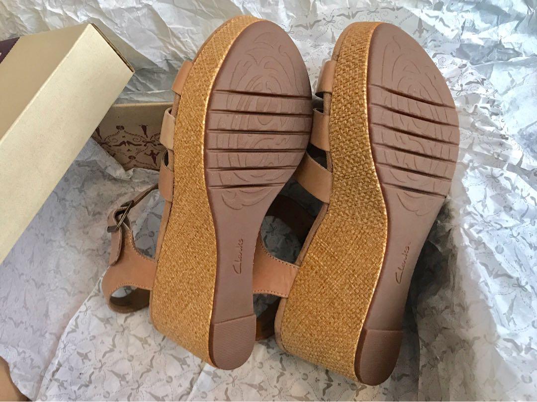 Clarks Sand Leather Caslynn Harp Ladies Wedge Sandals Women s Fashion Footwear Sandals on Carousell