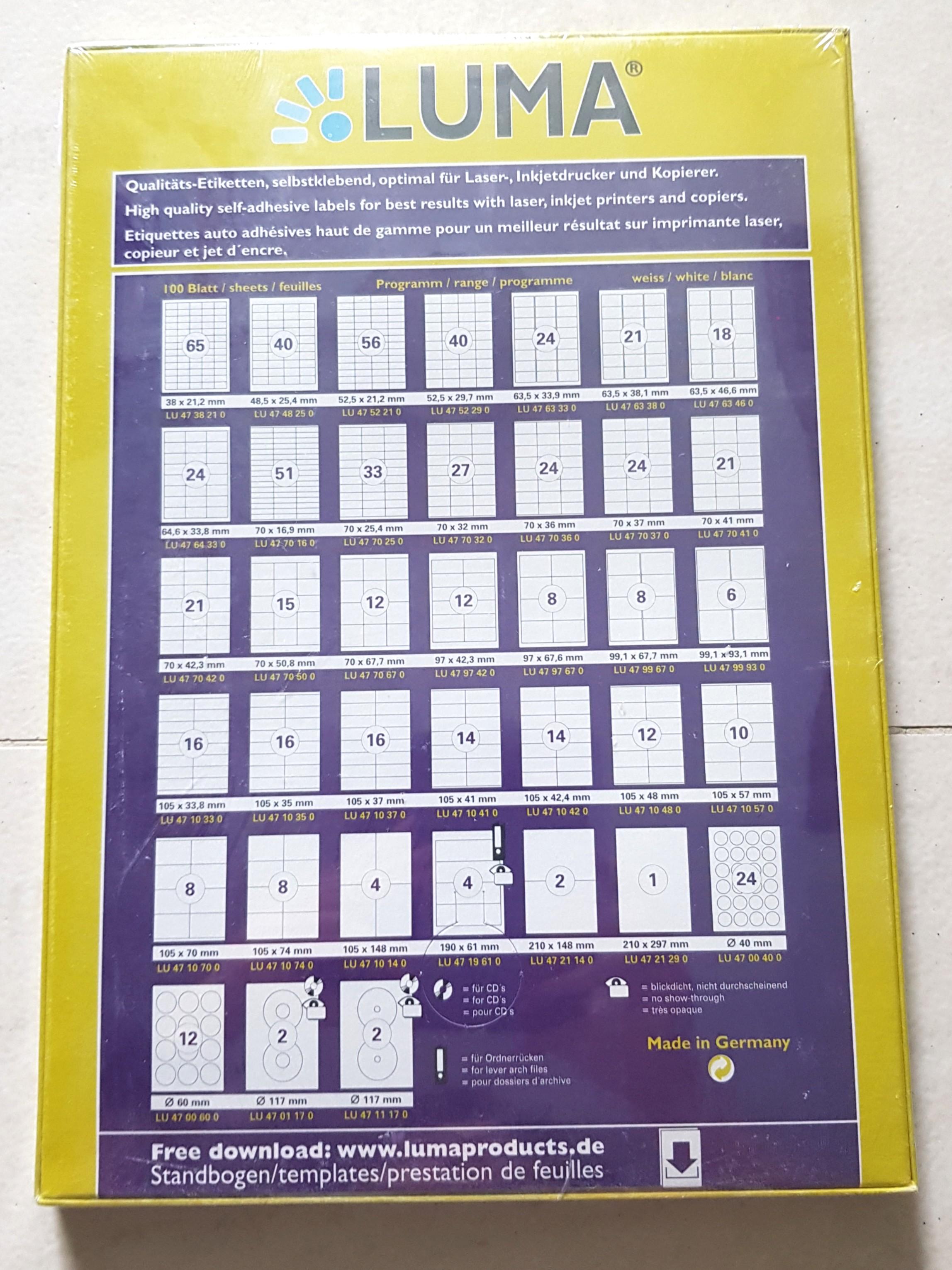 LUMA Universal Blank Labels (Laser, Inkjet Printer/ Copiers Labels
