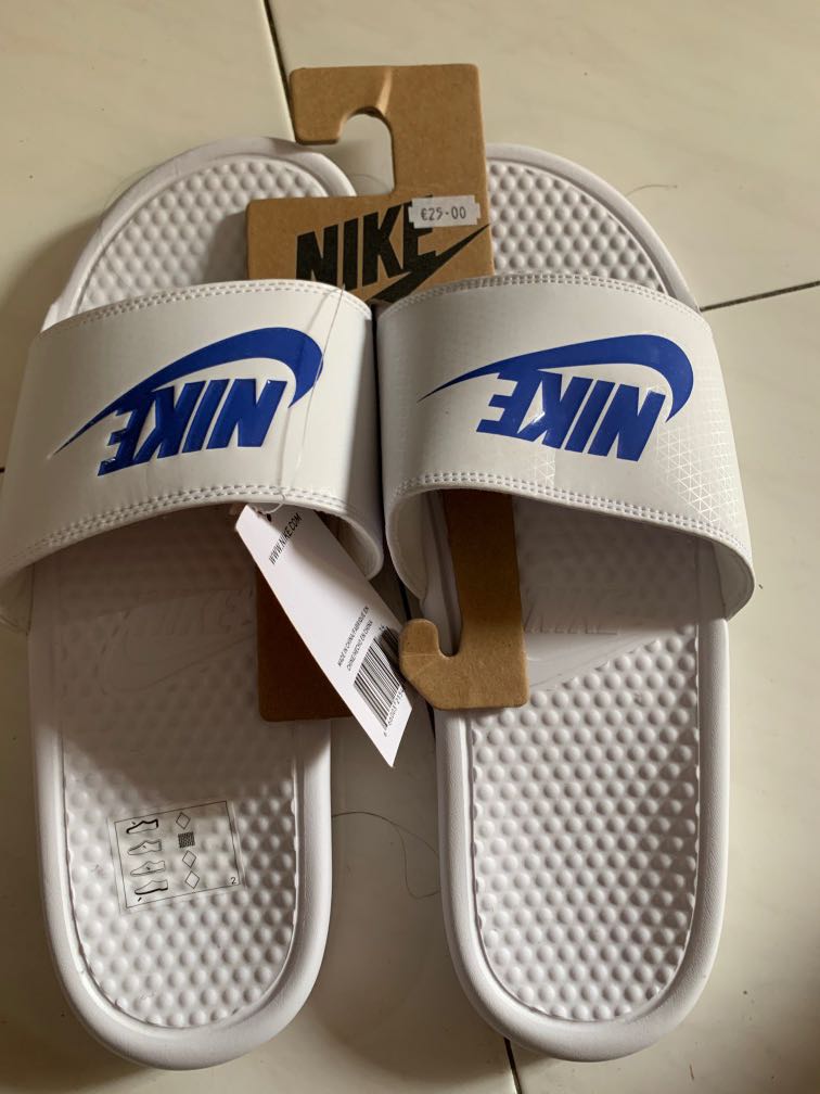 nike benassi slides white and blue