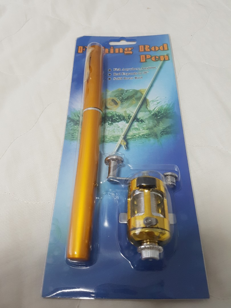 Fishing Rod Pen / Fish Anywhere, anytime. 38 Solid Brass Reel.  Black/Gold-NEW