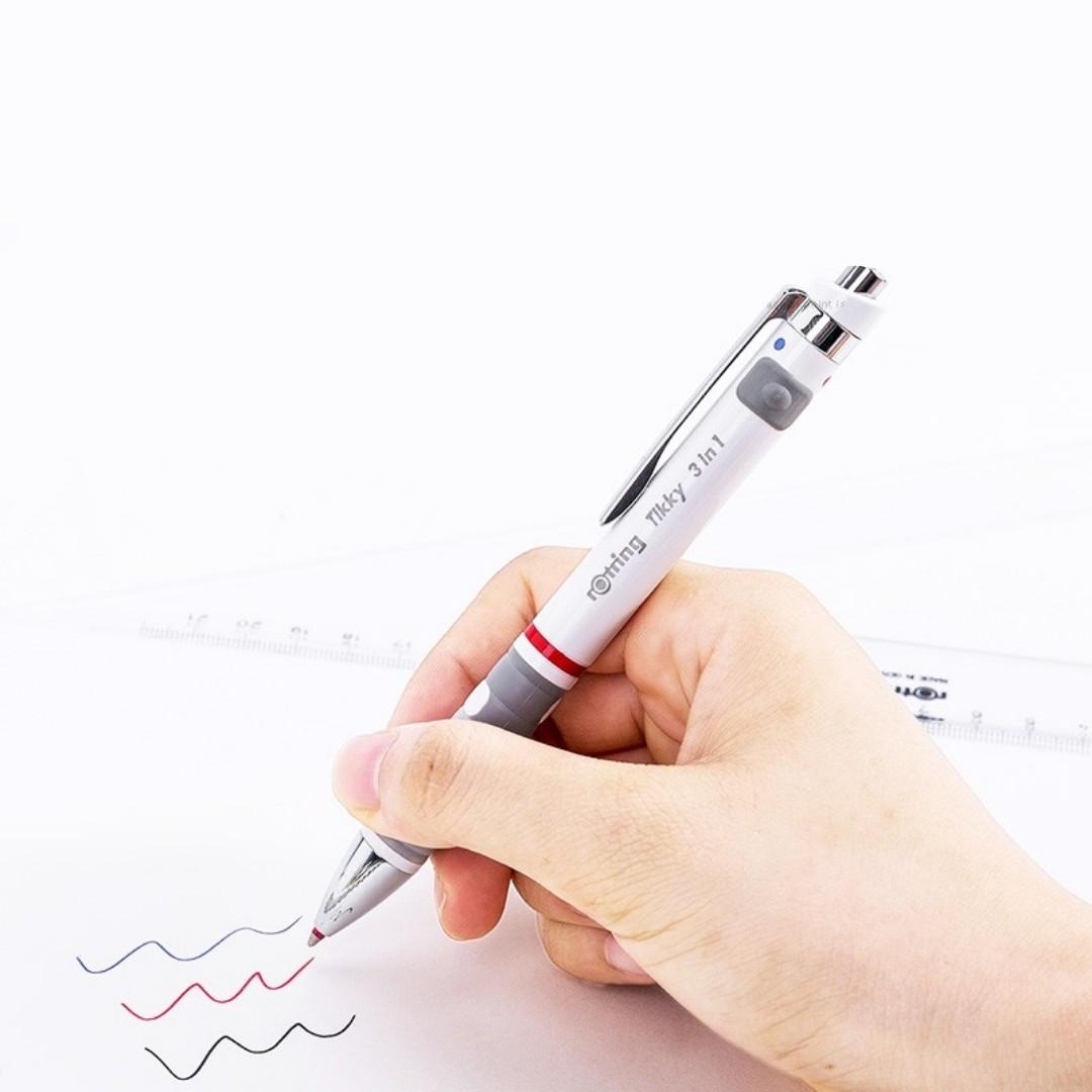 Penna Multifunzione Rotring Tikky 3 In 1 - Matita 0,7mm + Penne Rosso E Blu - Corpo Bianco