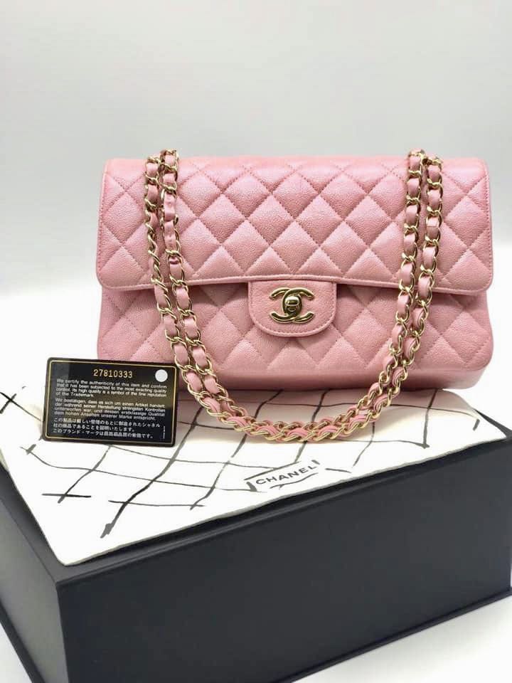 2019 Chanel double Flap 19s iridescent pink Medium Full set, Luxury, Bags &  Wallets on Carousell
