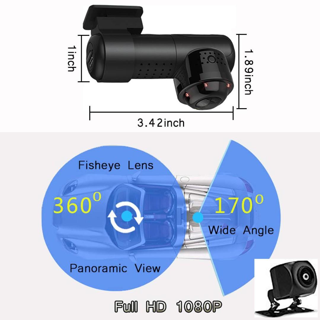 360 Car Camera Front Rear View Dash Cam HD 1296P Driving
