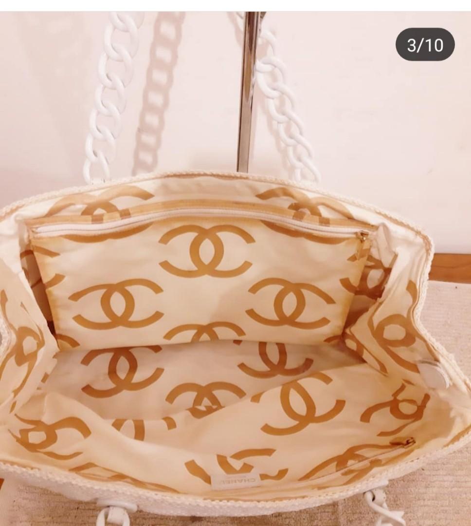 AUTHENTIC CHANEL CHAIN SHOULDER BAG QUILTED WHITE CANVAS HOLOGRAM STICKER INTACT CC LOGO INTERIOR CHAIN IN GOOD CONDITION OVERALL GOOD