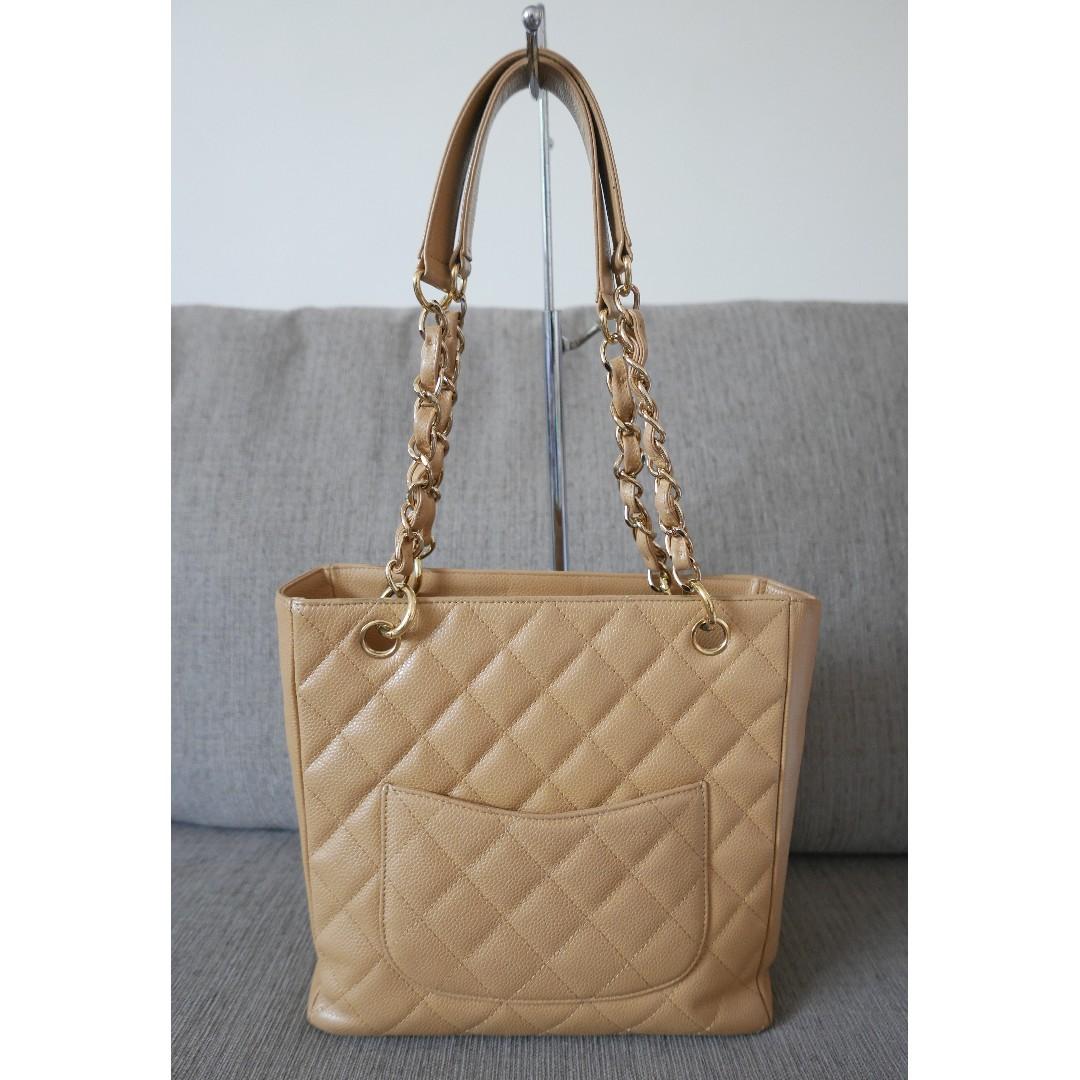Authentic Chanel PST Caviar Petite Shopping Tote Beige Gold HW