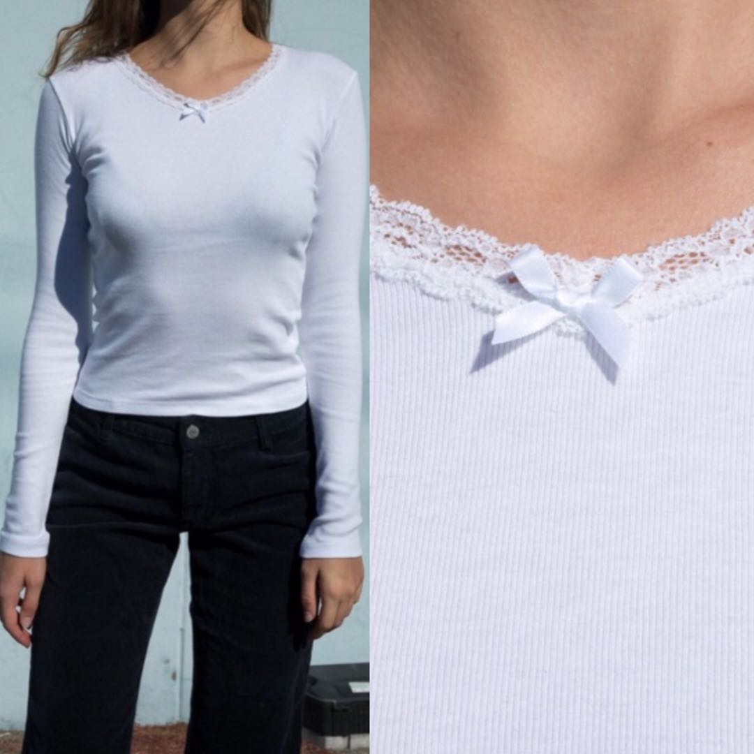 BRANDY MELVILLE WOMEN'S Top S White 100% Cotton Long Sleeve V-Neck Basic  £14.90 - PicClick UK