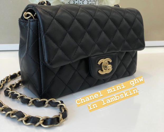 Chanel mini rectangular in black lambskin and aged gold hardware