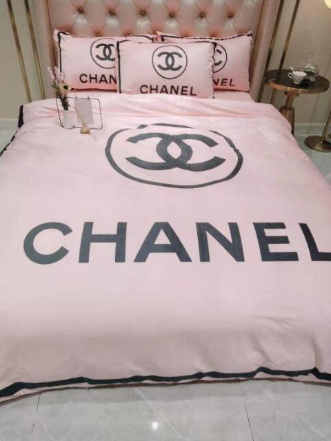 Chanel Big Logo With Black And Blue Knitting Pattern In White Background Bedding  Set  Mugteeco