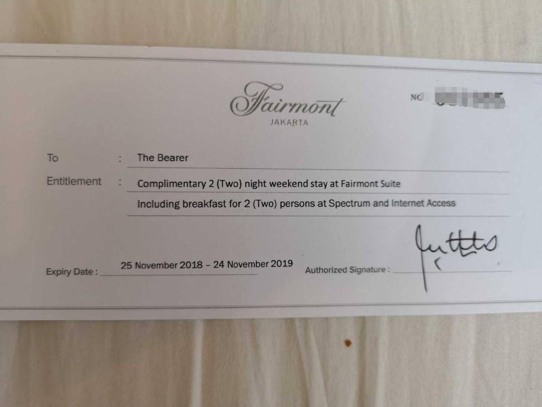 Jakarta Fairmont Hotel 2nights Voucher Entertainment Gift Cards Vouchers On Carousell
