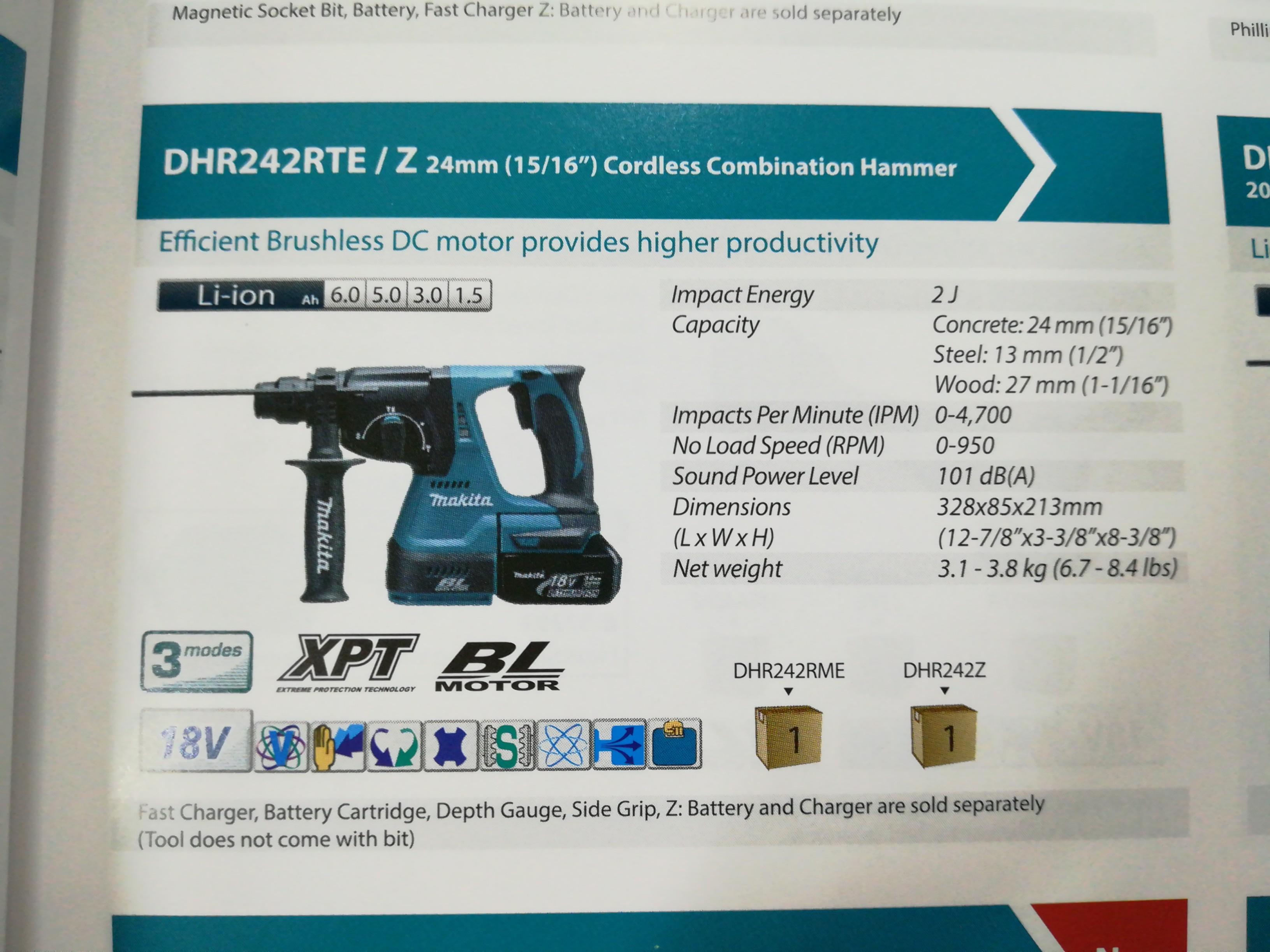 Makita Dhr242RTE Cordless Combination Hammer Two 5.0AH Batteries