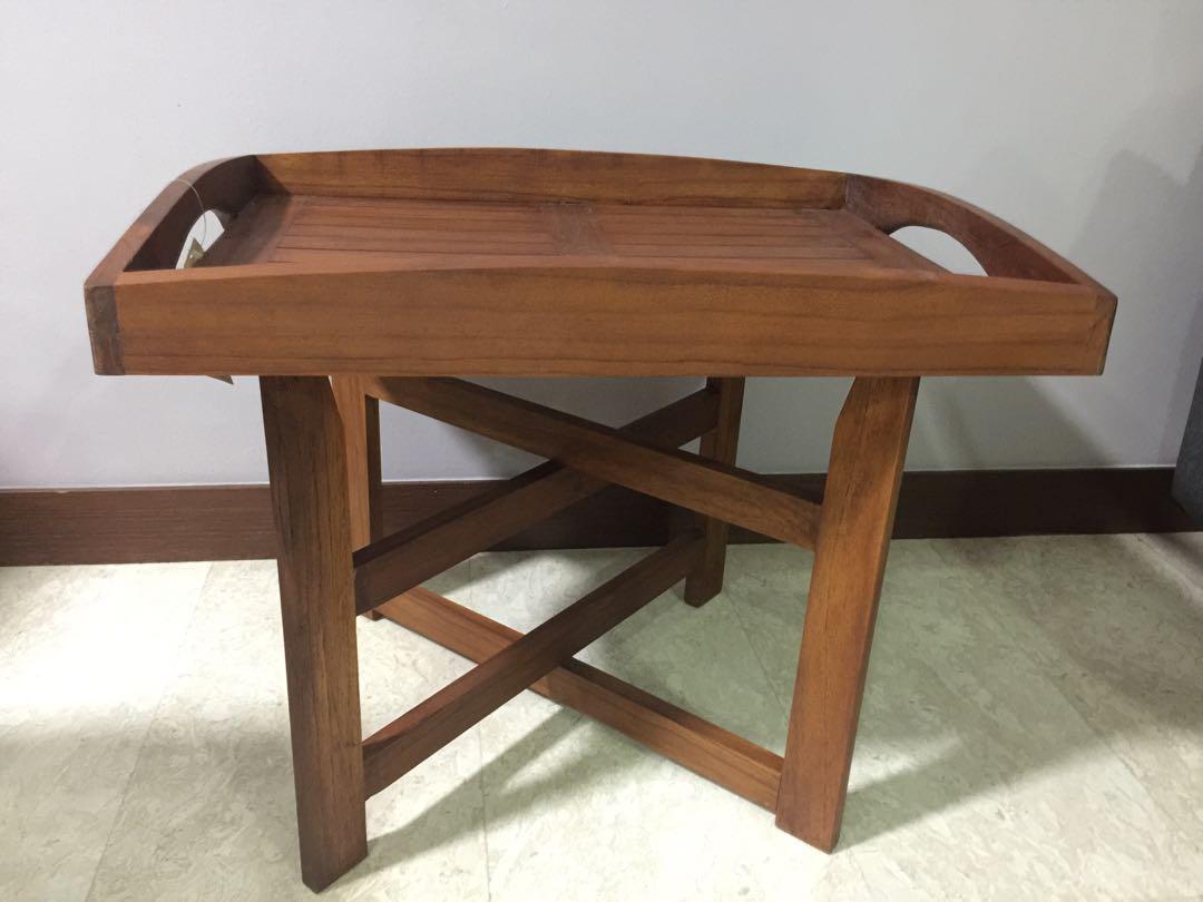 Tray Table (Category: Tables & Sets) located in Singapore. Submitted by pristay25 (Listing ID 248349072, Image 1). Description: Solid wood rectangular tray with detached folding stand Dimension: L 63.5 cm x W 48 cm x H 49.5 cm.