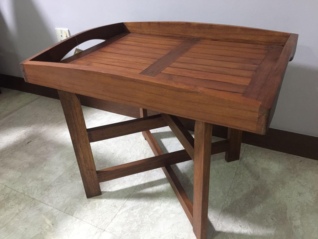 Tray Table (Category: Tables & Sets) located in Singapore. Submitted by pristay25 (Listing ID 248349072, Image 2). Description: Solid wood rectangular tray with detached folding stand Dimension: L 63.5 cm x W 48 cm x H 49.5 cm.
