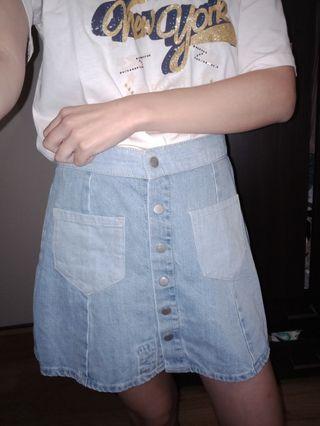 Zara Trafaluc Light Blue Denim Skirt with Rose & Buttons