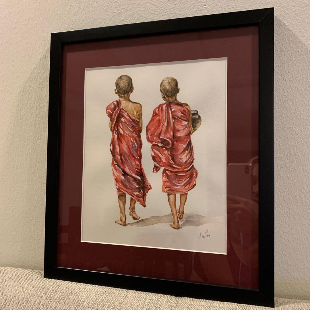 Little Monks Original Art Watercolor Painting Buddhist Wall Art