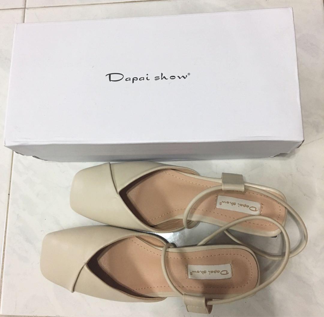 Nude beige slip on heel sandals 