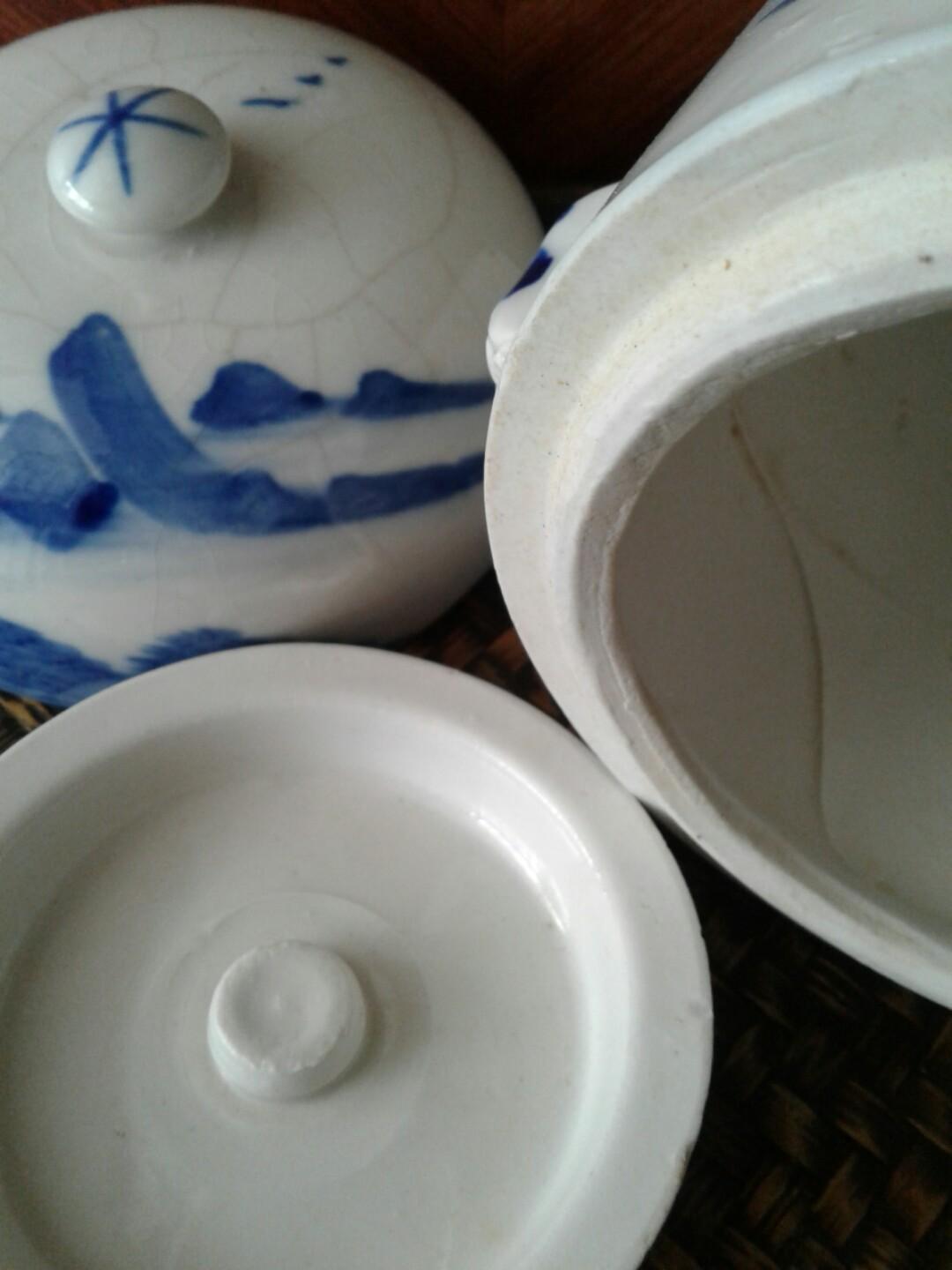 Vintage Blue White Ceramic Double Boil / Boiler Jar / Pot / 炖盅 With