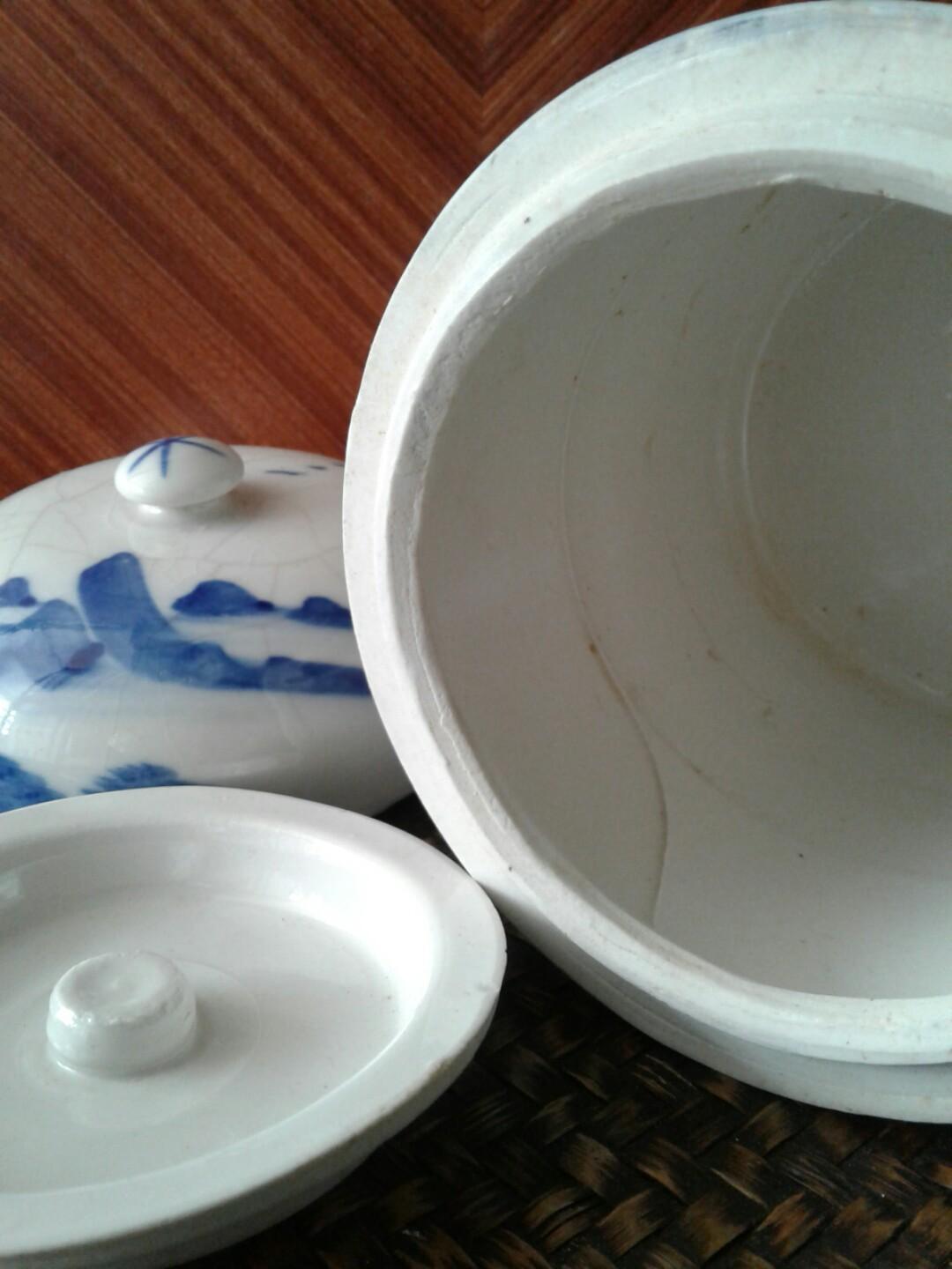 Vintage Blue White Ceramic Double Boil / Boiler Jar / Pot / 炖盅 With