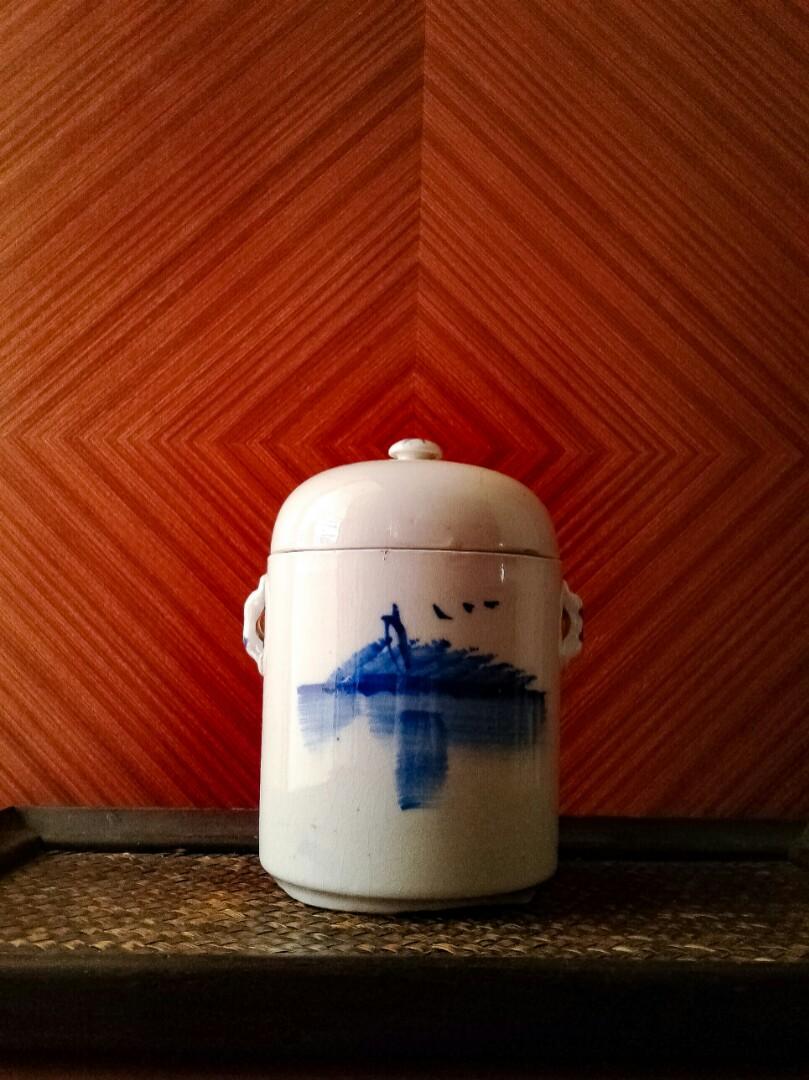 Vintage Blue White Ceramic Double Boil / Boiler Jar / Pot / 炖盅 With