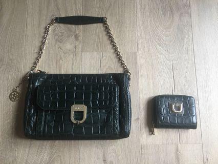 DKNY green leather handbag wallet set