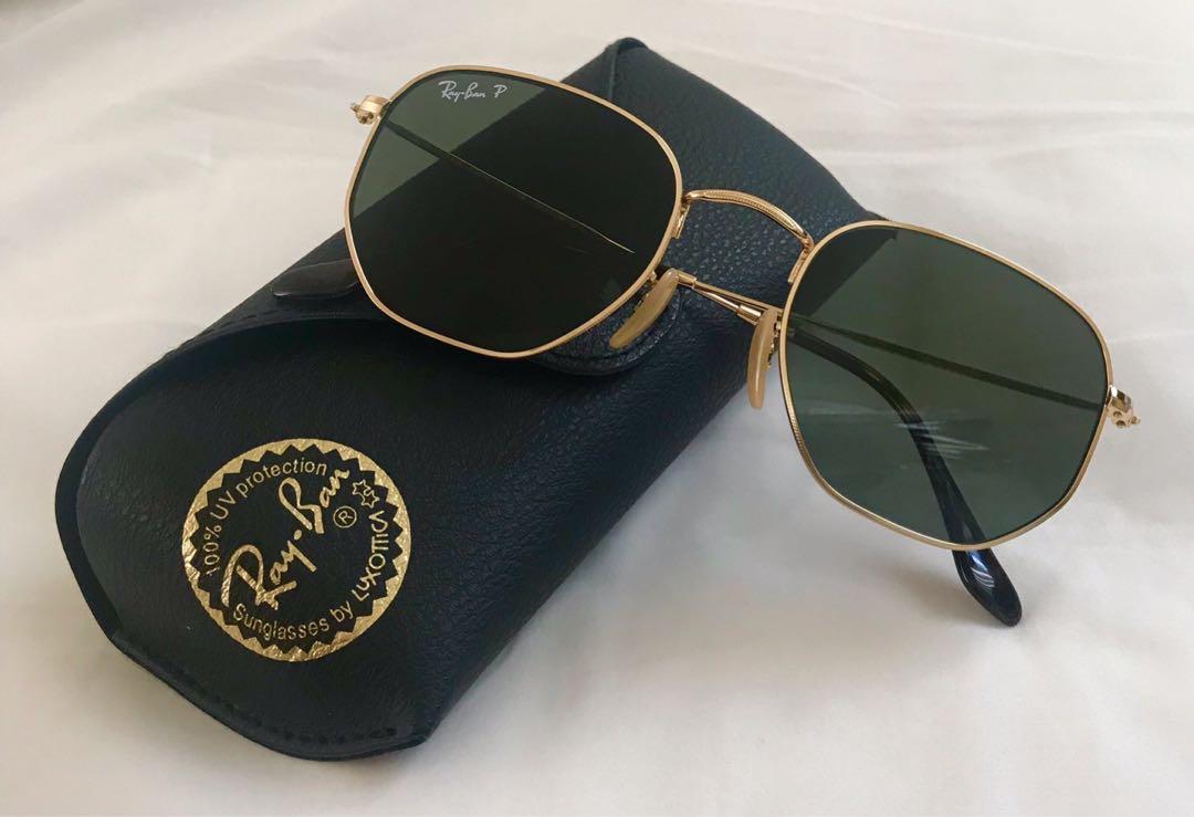 Limited Edition Ray Ban Hexagonal Flat Lenses With Gold Metal Frame Polarized Women S Fashion Accessories Eyewear Sunglasses On Carousell