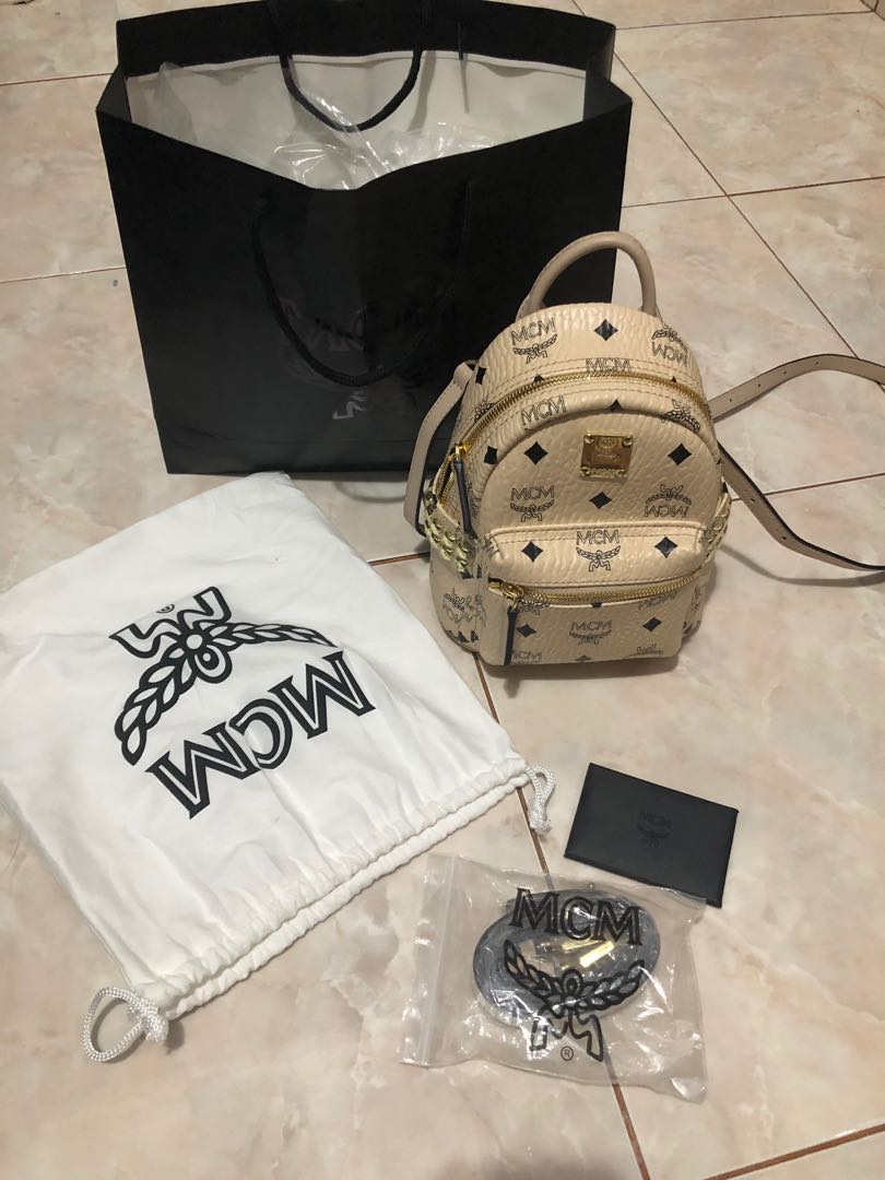 MCM mini bebeboo backpack Beige Barang Mewah Tas Dompet di
