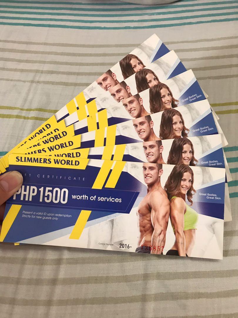 Slimmers World gift certificates (Category: Store Credits) located in Manila. Submitted by ccluxuryy (Listing ID 249099871, Image 1). Description: P6,000 worth of services from Slimmers World 4pcs gift certificate of P1,500 worth each - no expiry date - can be used in any branch - can be used in fitness program, face and skin treatment, etc. .
