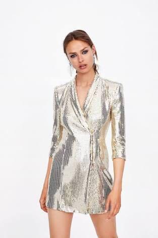 Zara gold Shimmer Blazer dress, Fesyen 