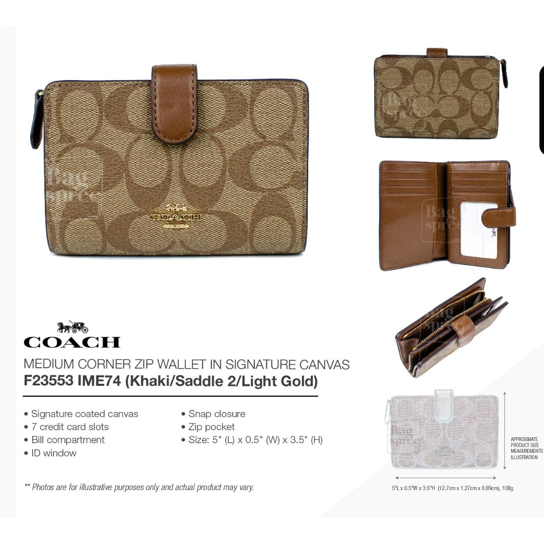 Coach Medium Corner Zip Wallet In Signature Canvas IM/Khaki Saddle 2