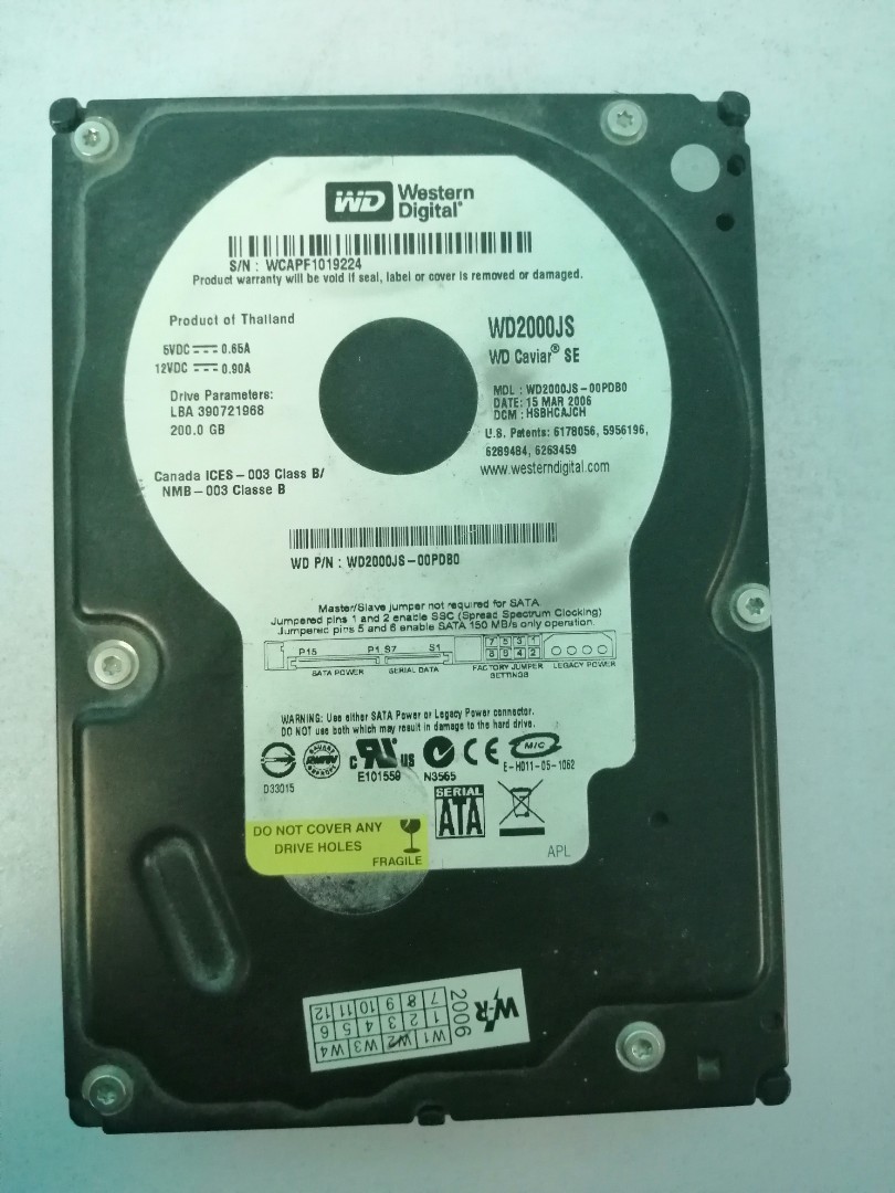 *FAULTY* Hard Disk Hardisk HDD Sata WD Western Digital WD2000JS 200gb ...
