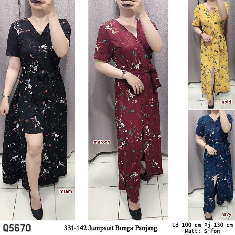 Jumpsuit Panjang Motif Bunga Fesyen Wanita Pakaian Wanita Jumpsuits Di Carousell